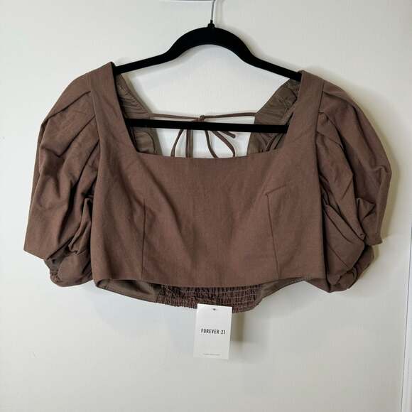 Forever 21 Tops - Forever 21 Brown Woven Square Neck Puff Sleeve Smocked Crop Top